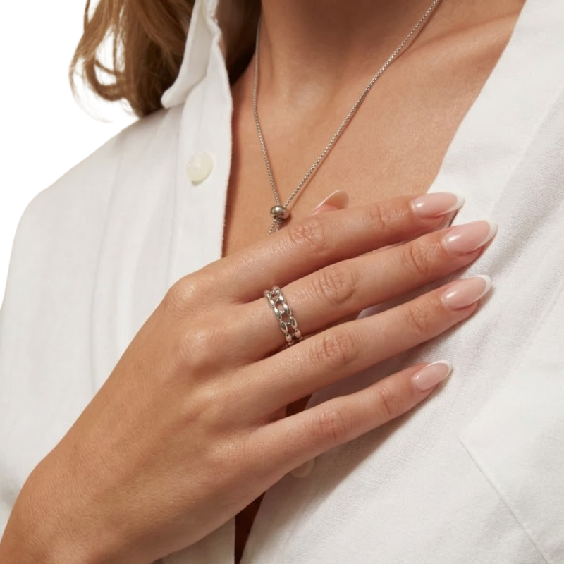 Bague Double Perles Ovales Femme – Design Double Rang en Acier Inoxydable Ajustable