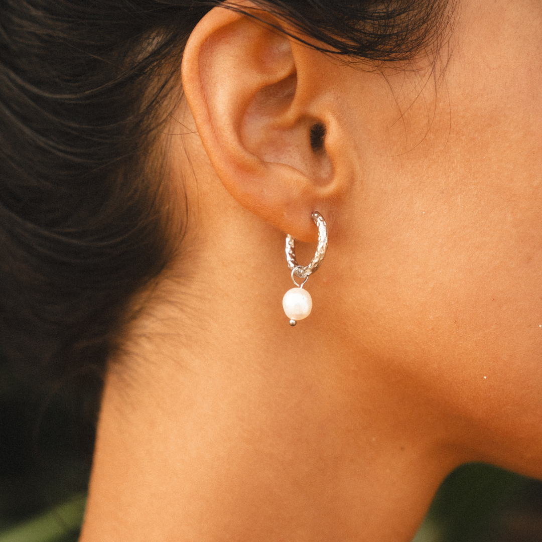 Créoles Martelées Perle Femme Acier Inoxydable