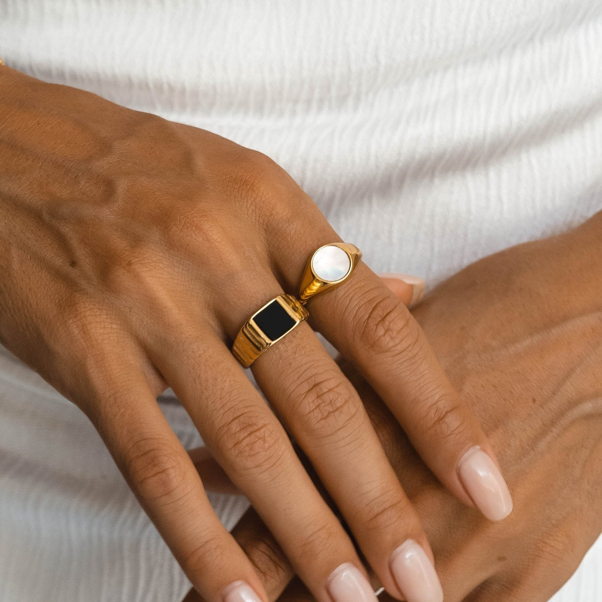 Bague Chevalière Nacre Blanche Femme Acier Inoxydable