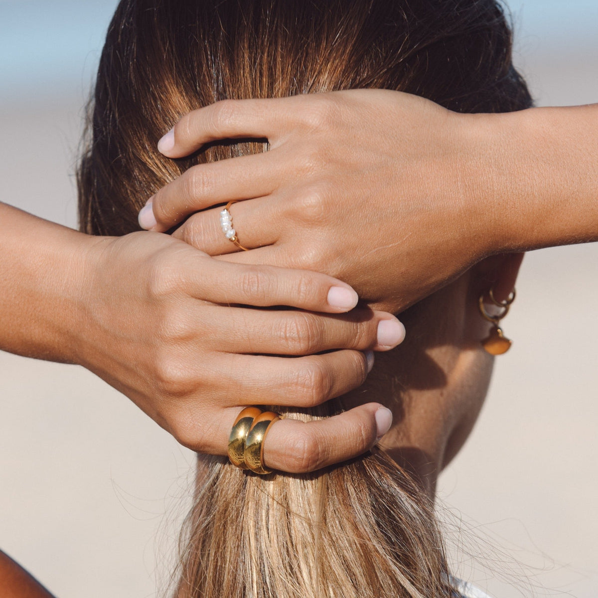 Bague Fine Cinq Perles d'Eau Douce Femme Acier Inoxydable