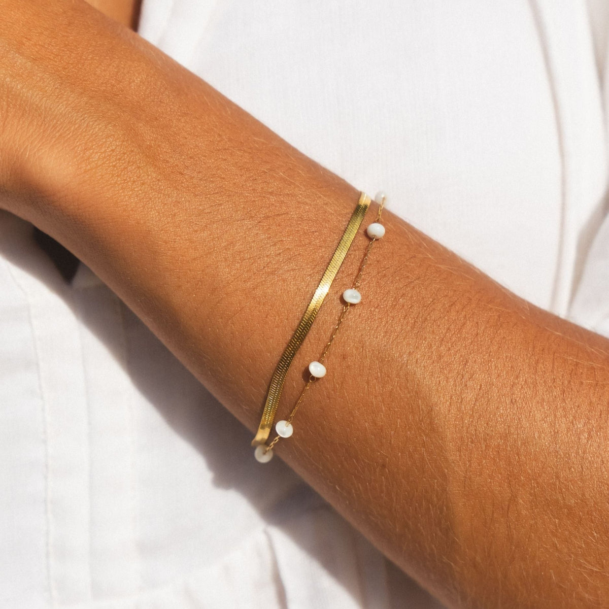 Bracelet Double Rang Maille Plate Perles Femme Acier Inoxydable