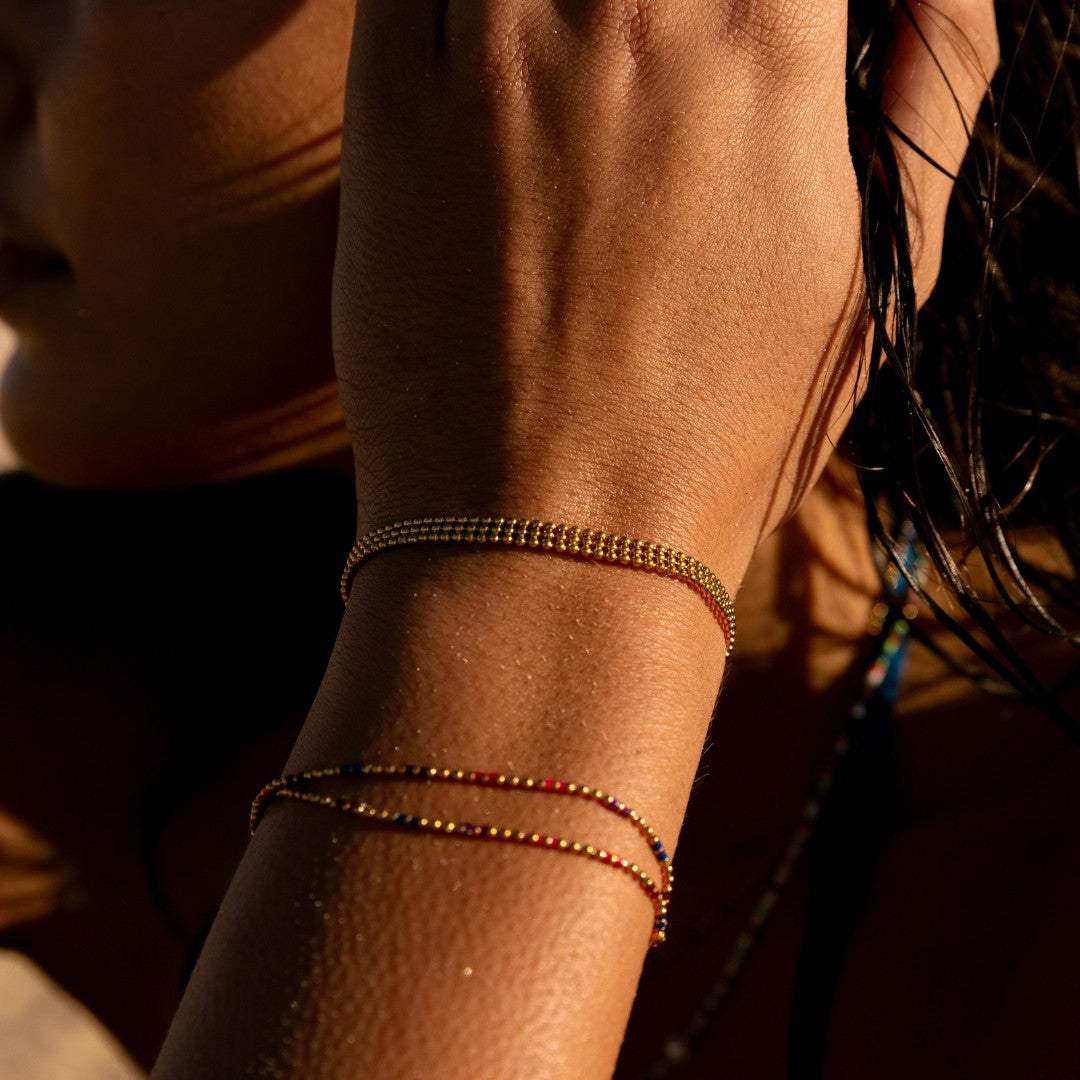 Bracelet Multirangs Billes Dorées Femme Acier Inoxydable