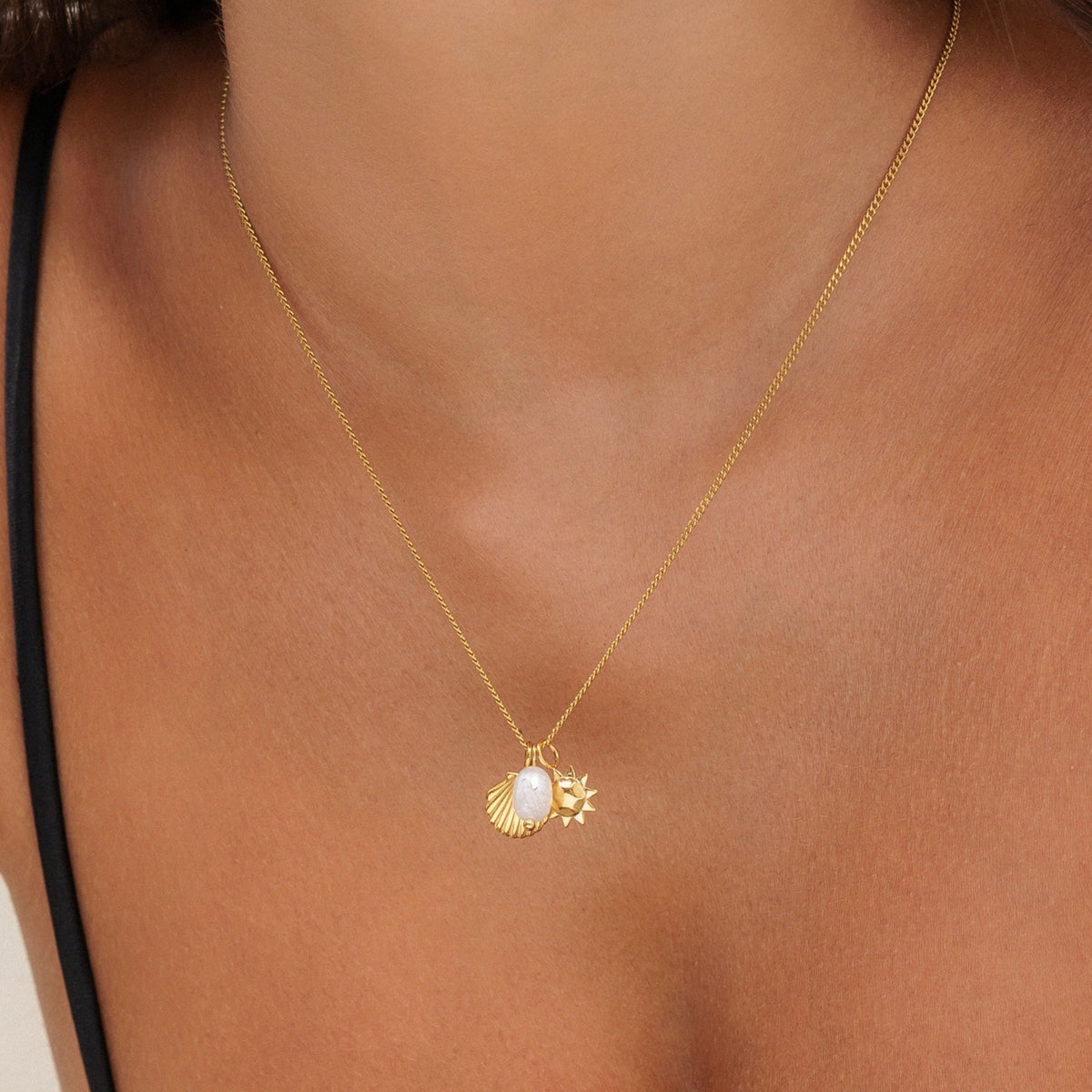 Collier Breloques Soleil Coquillage Perle Femme Acier Inoxydable