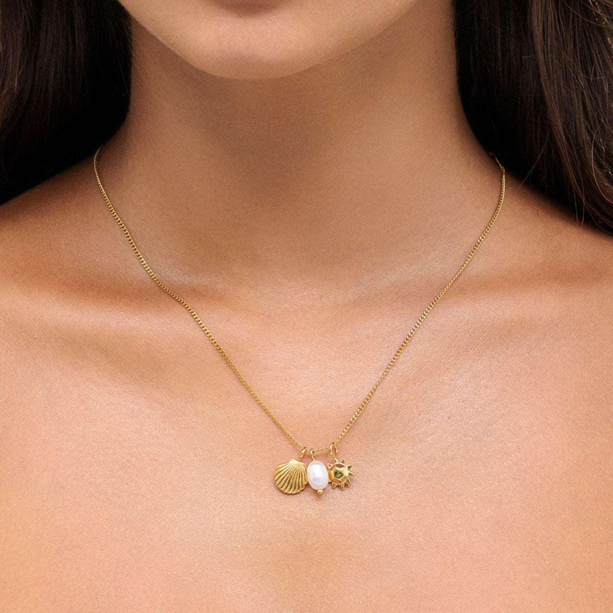Collier Breloques Soleil Coquillage Perle Femme Acier Inoxydable