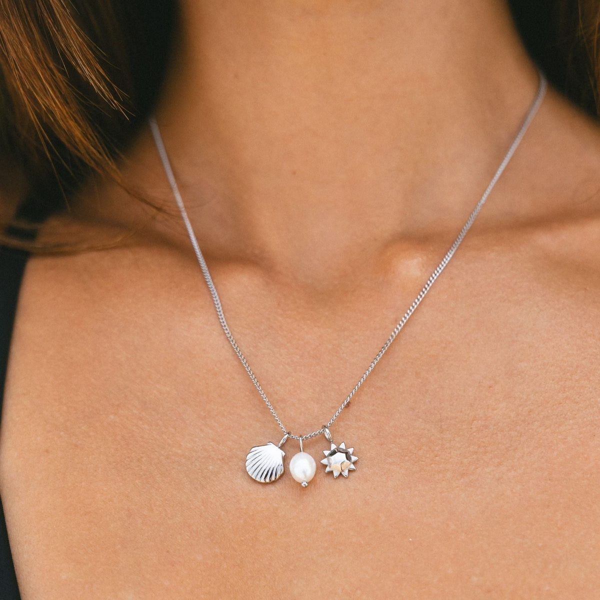 Collier Breloques Soleil Coquillage Perle Femme Acier Inoxydable