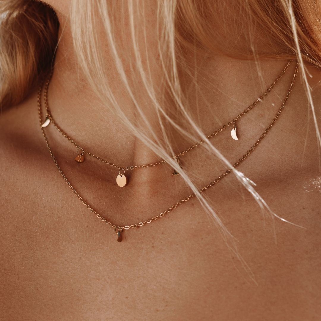 Collier Double Rang Breloques Lune Femme Acier Inoxydable