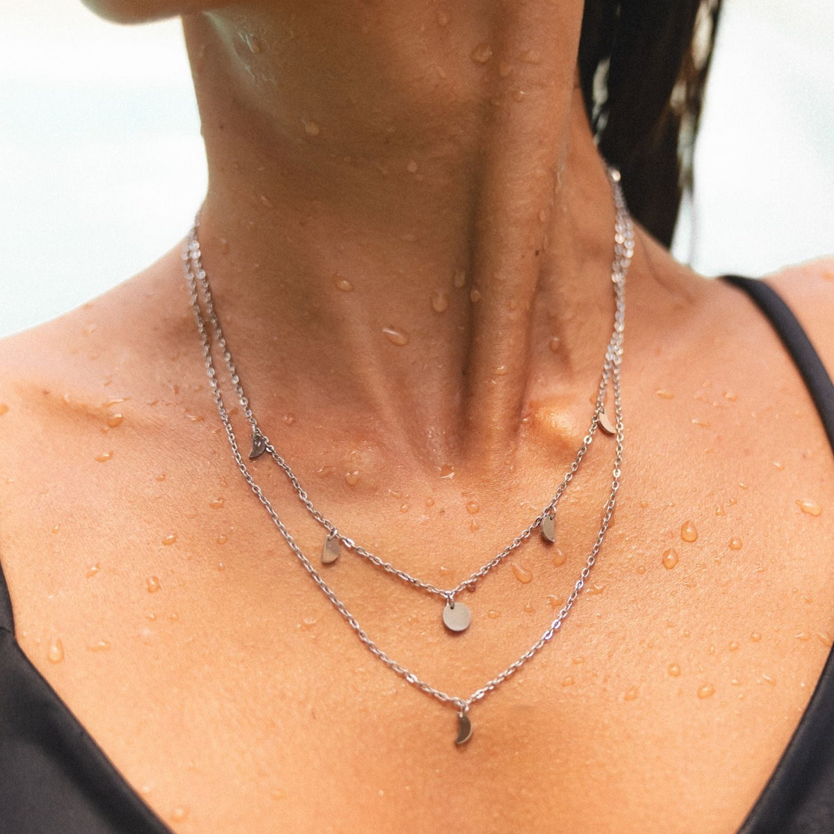 Collier Double Rang Breloques Lune Femme Acier Inoxydable