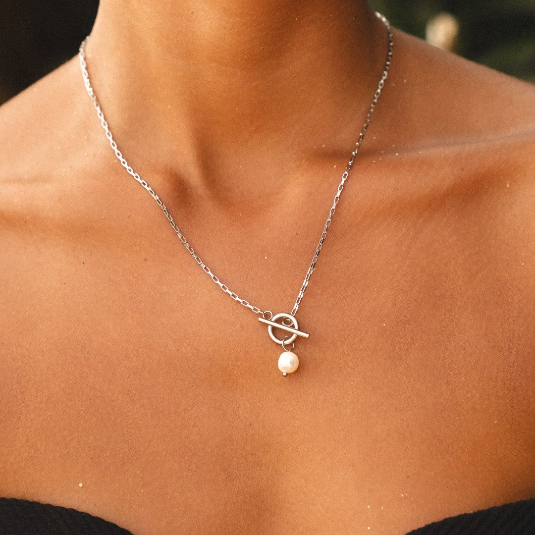 Collier Fermoir Toggle Perle d'Eau Douce Femme Acier Inoxydable