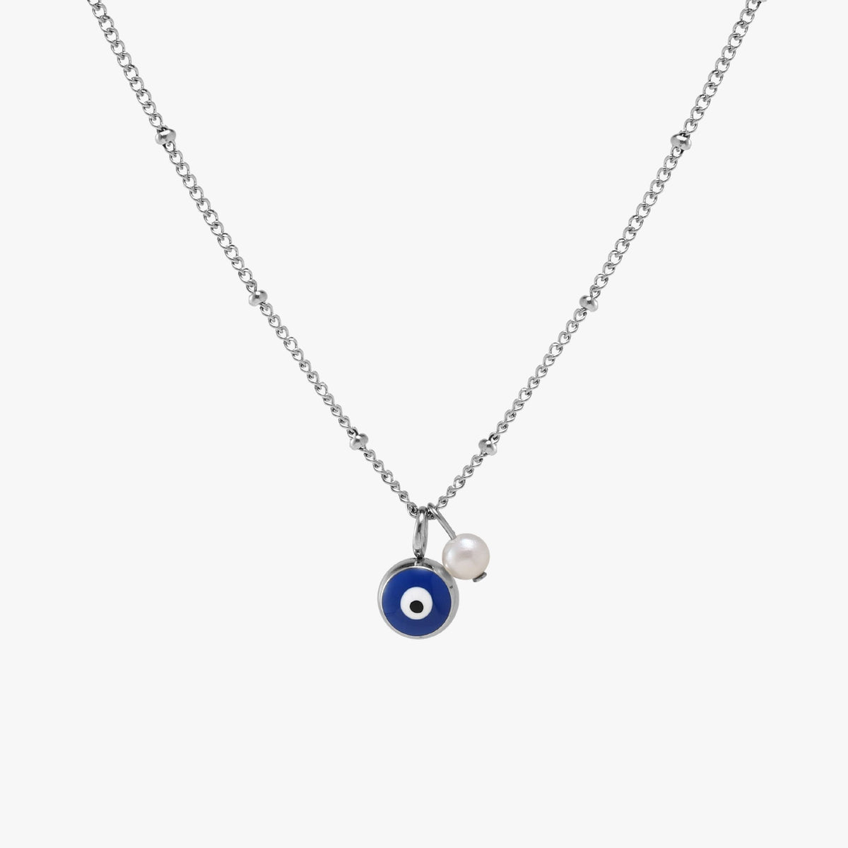 Collier Œil Bleu Émaillé Perle Femme Acier Inoxydable