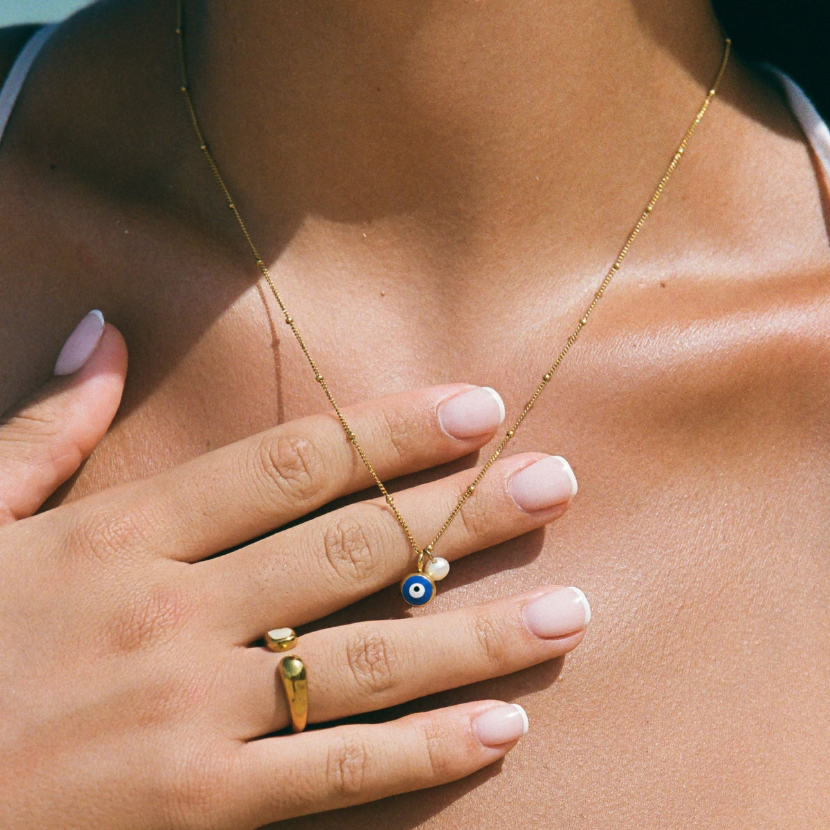 Collier Œil Bleu Émaillé Perle Femme Acier Inoxydable