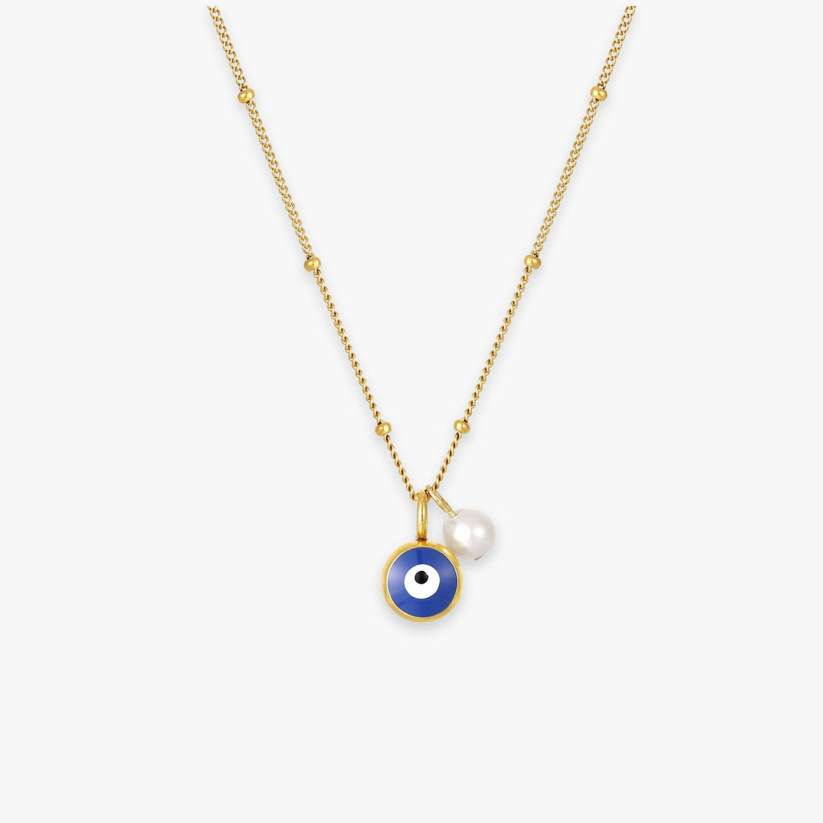 Collier Œil Bleu Émaillé Perle Femme Acier Inoxydable