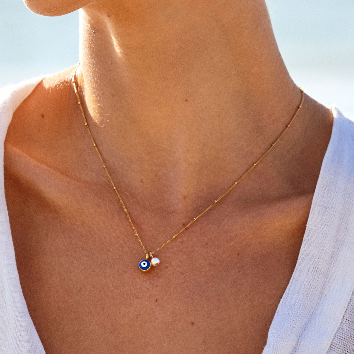 Collier Œil Bleu Émaillé Perle Femme Acier Inoxydable