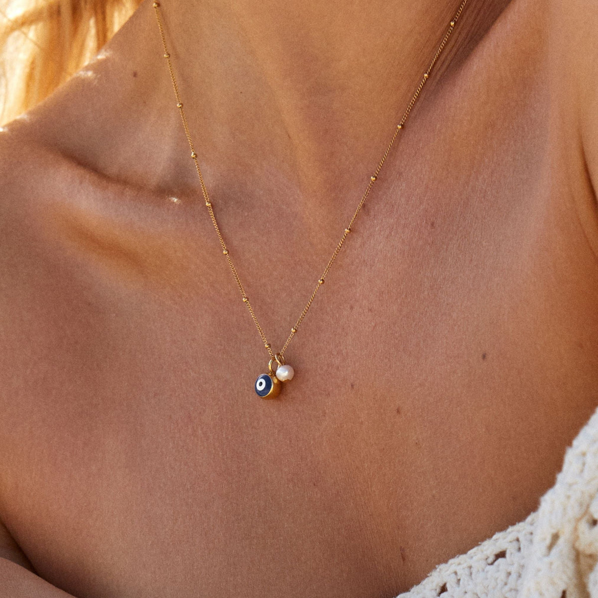 Collier Œil Bleu Émaillé Perle Femme Acier Inoxydable