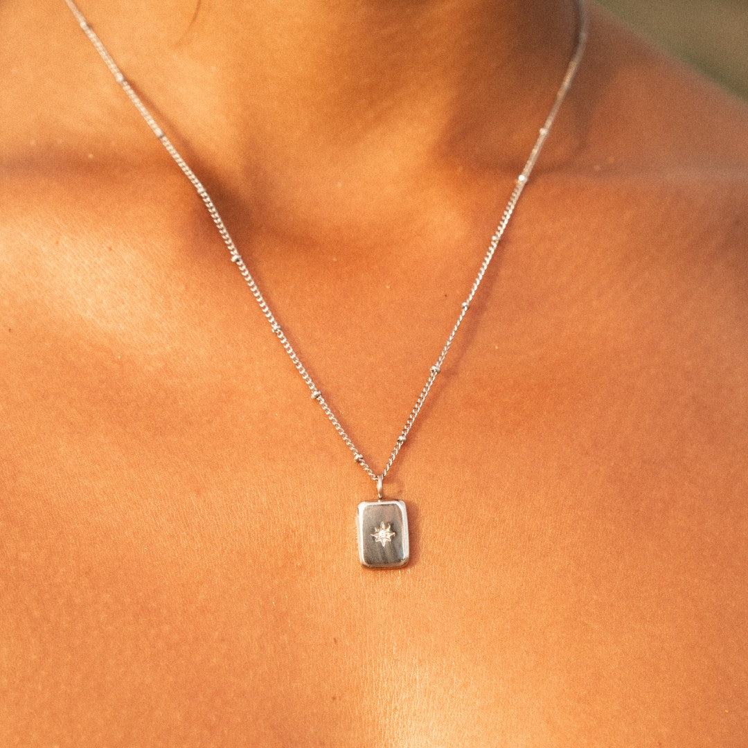 Collier Pendentif Rectangle Étoile Zircon Femme Acier Inoxydable