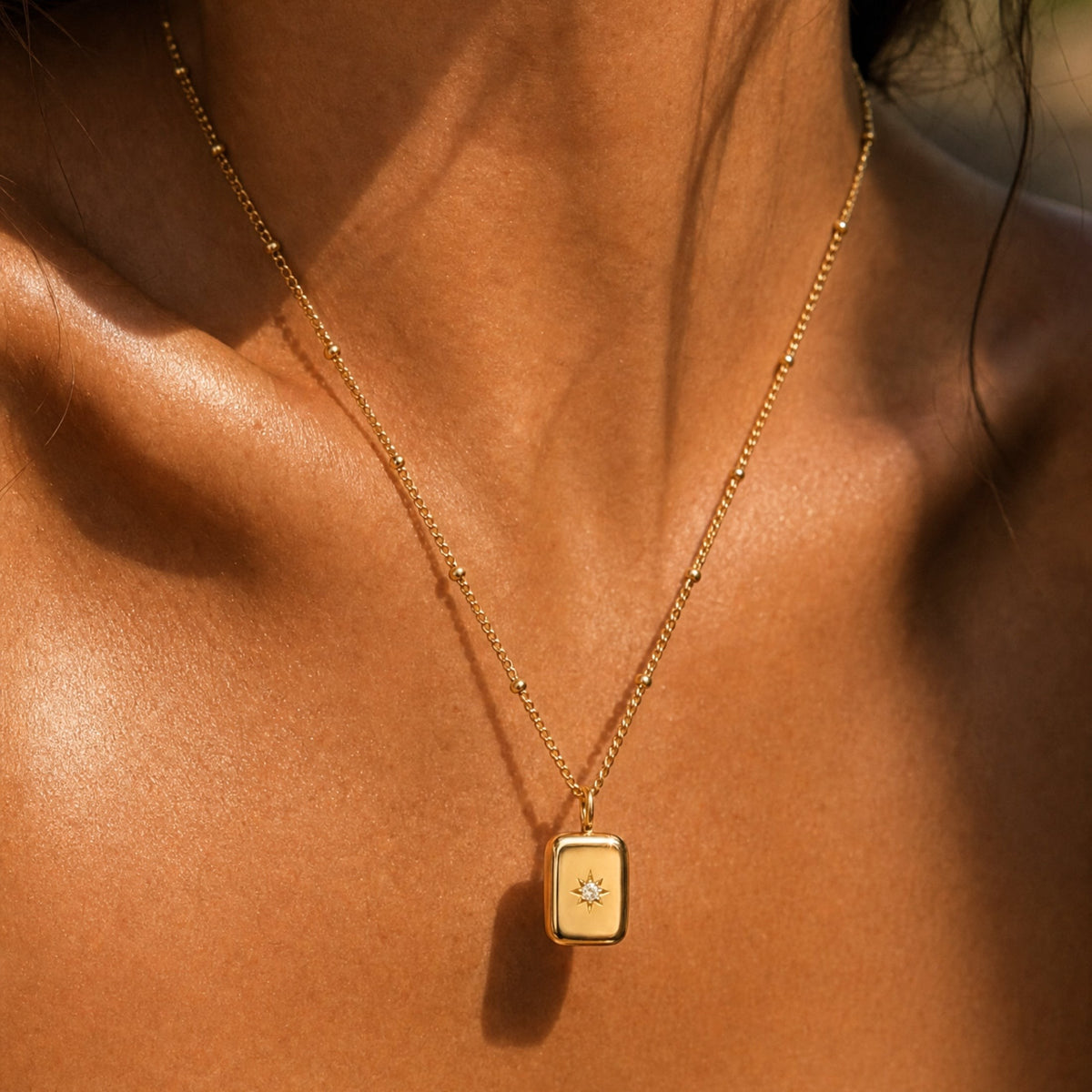 Collier Pendentif Rectangle Étoile Zircon Femme Acier Inoxydable