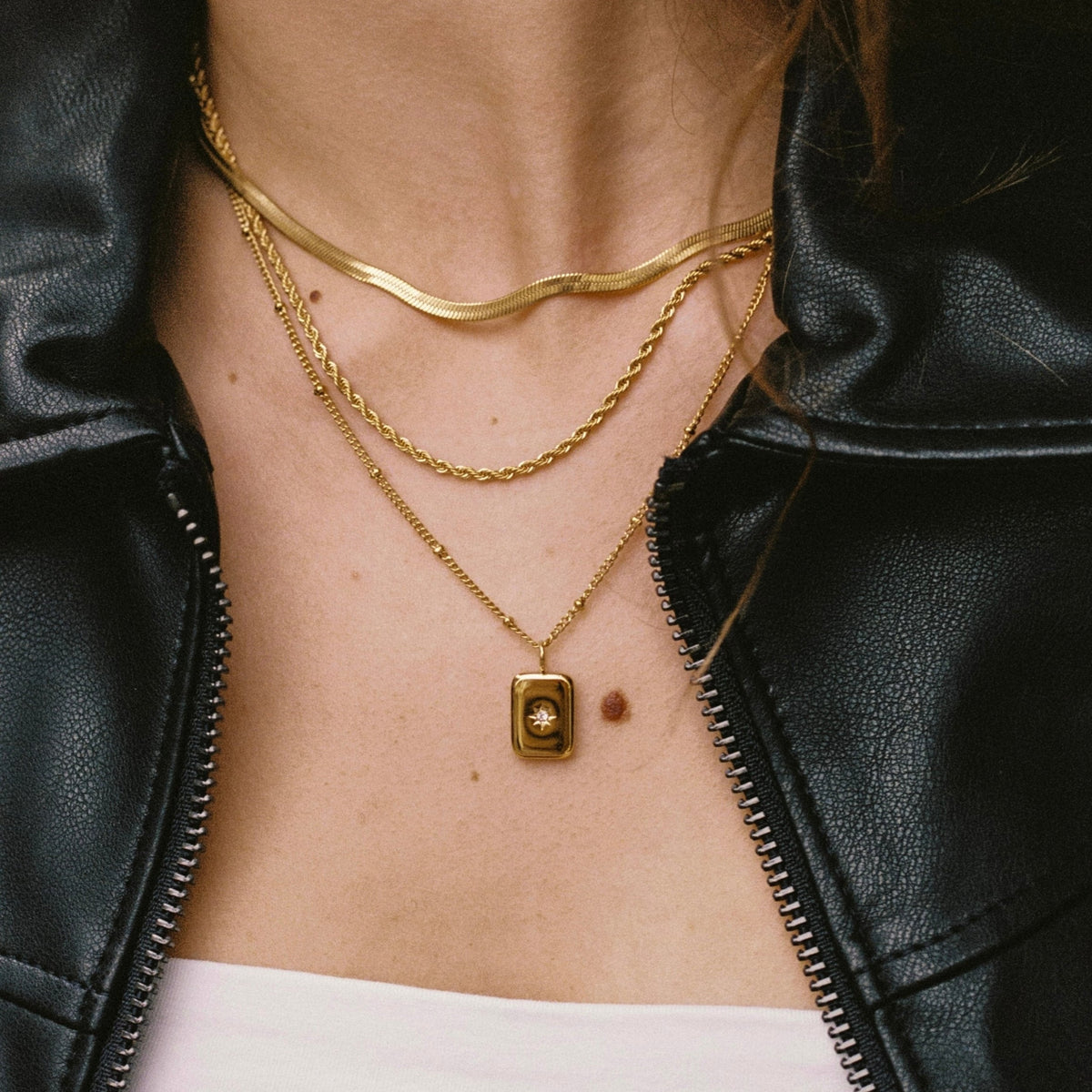 Collier Pendentif Rectangle Étoile Zircon Femme Acier Inoxydable