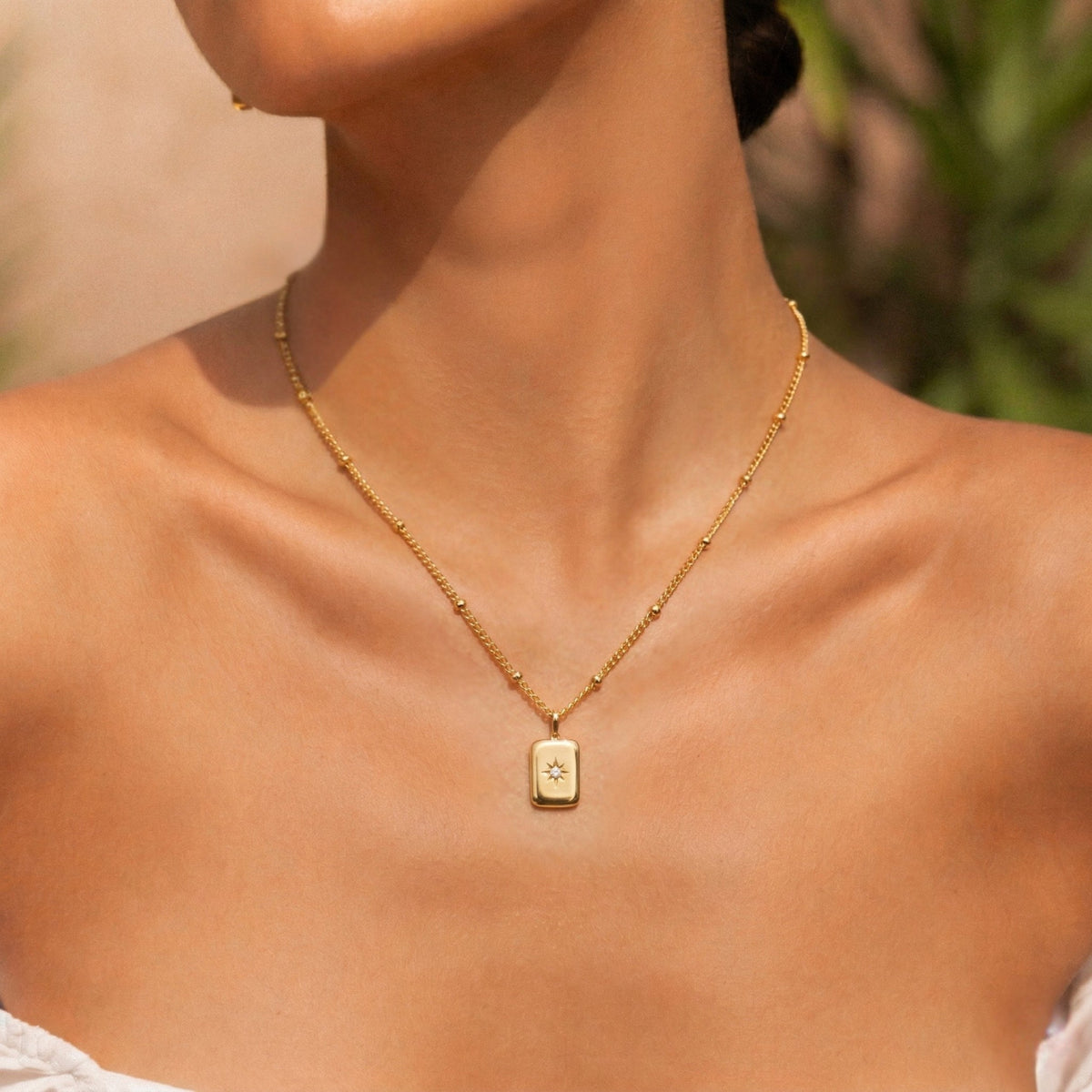 Collier Pendentif Rectangle Étoile Zircon Femme Acier Inoxydable