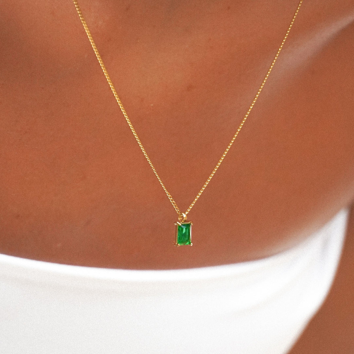 Collier Pendentif Zircon Vert Rectangulaire Femme Acier Inoxydable