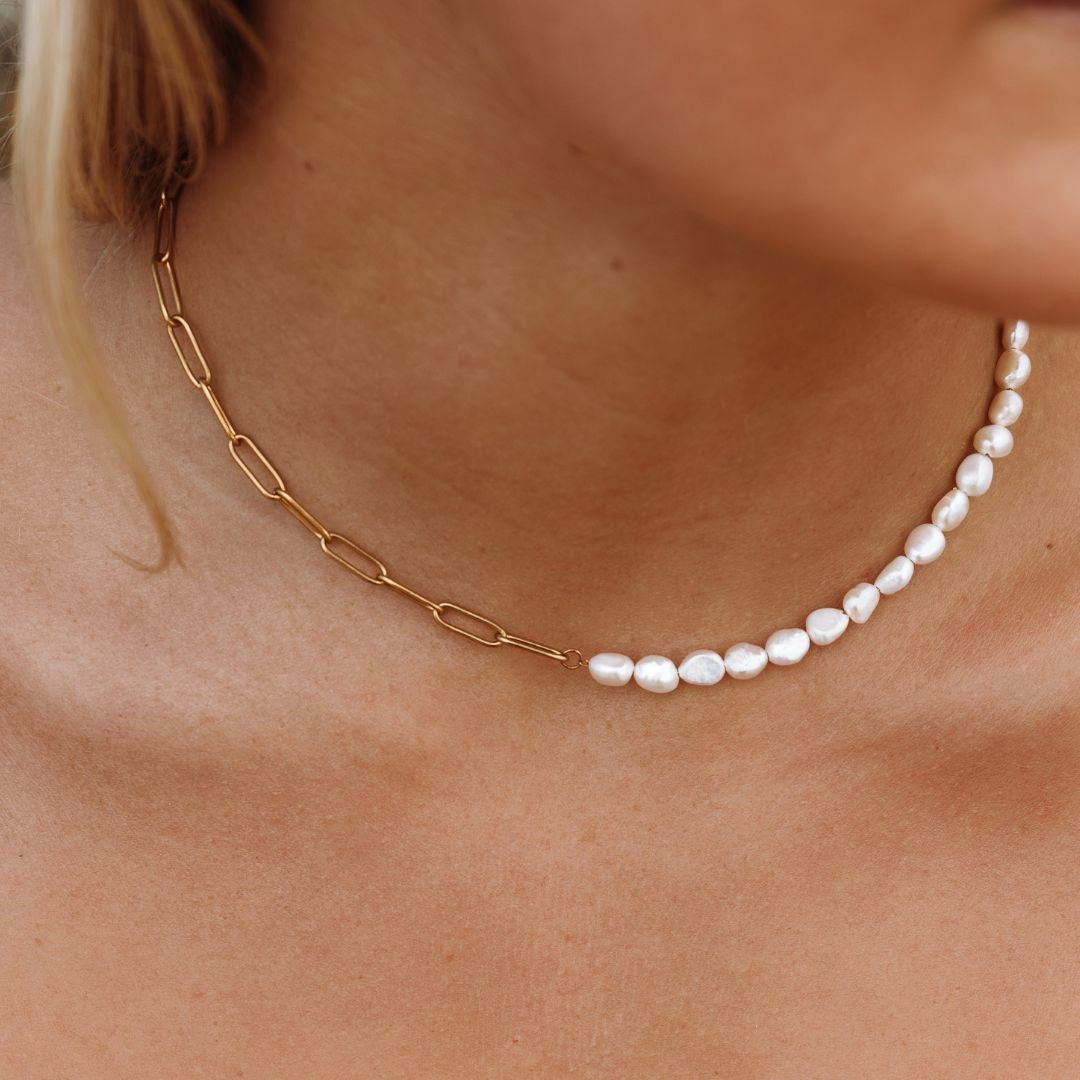 Collier Ras de Cou Trombone Perles d'Eau Douce Femme Acier Inoxydable