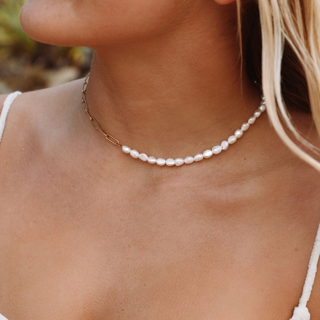 Collier Ras de Cou Trombone Perles d'Eau Douce Femme Acier Inoxydable
