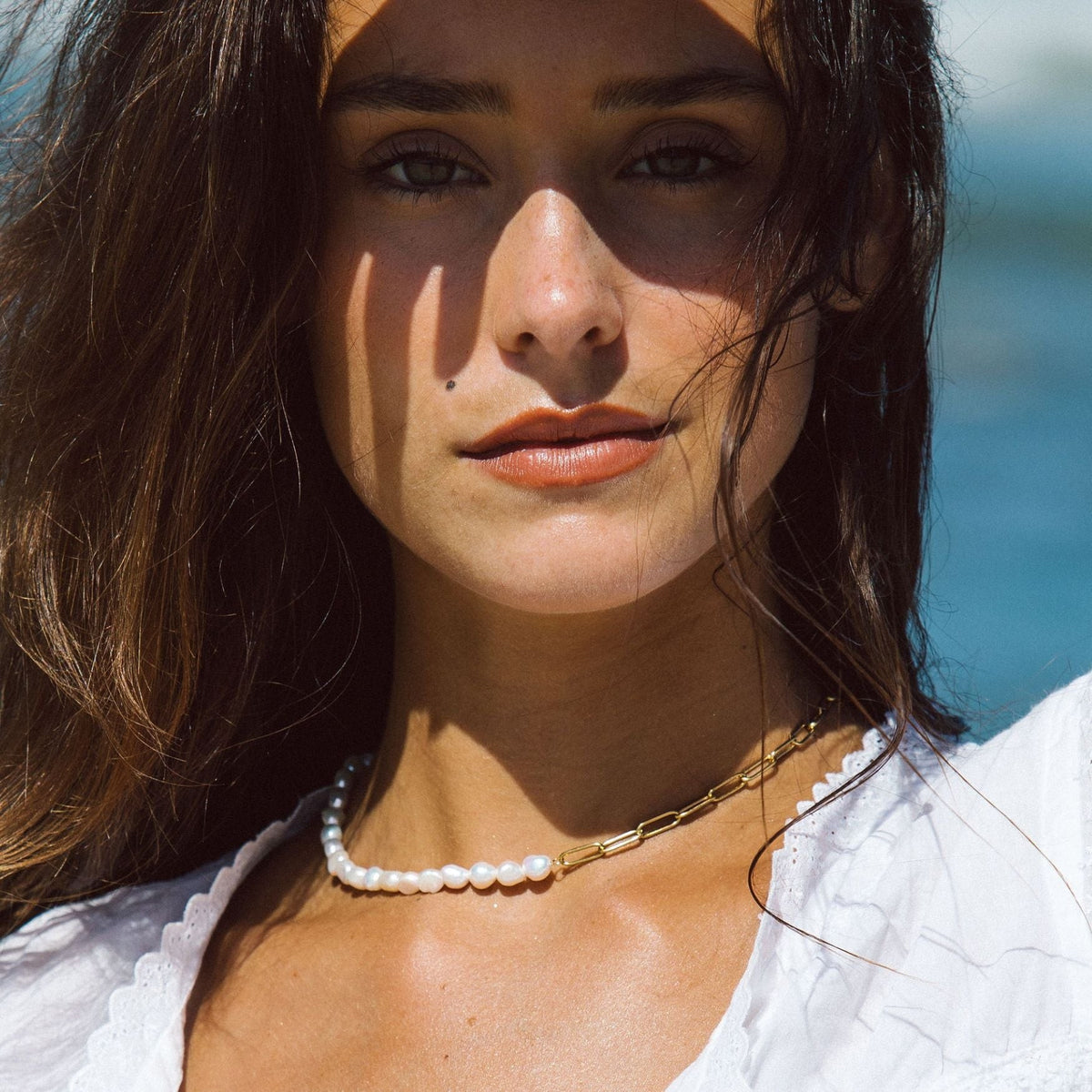 Collier Ras de Cou Trombone Perles d'Eau Douce Femme Acier Inoxydable