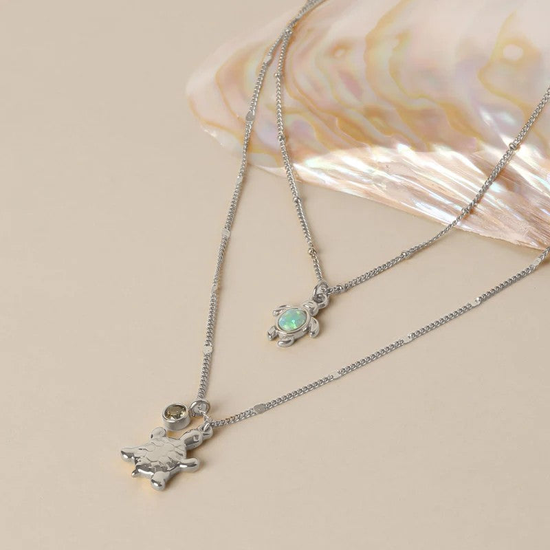 Collier Tortue Pierre Effet Opale Femme Acier Inoxydable