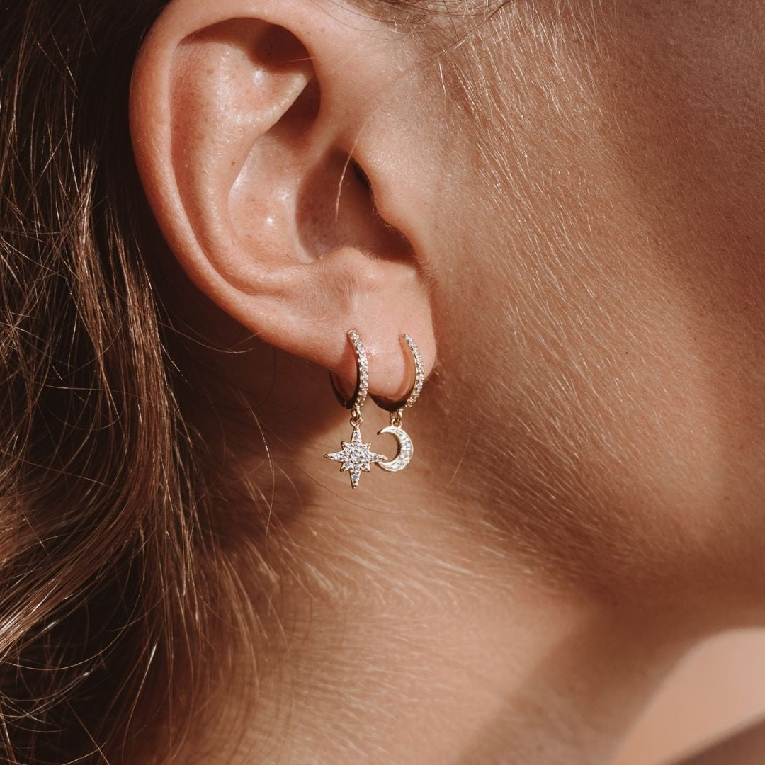 Créoles Pendantes Lune Étoile Zircons Femme Acier Inoxydable