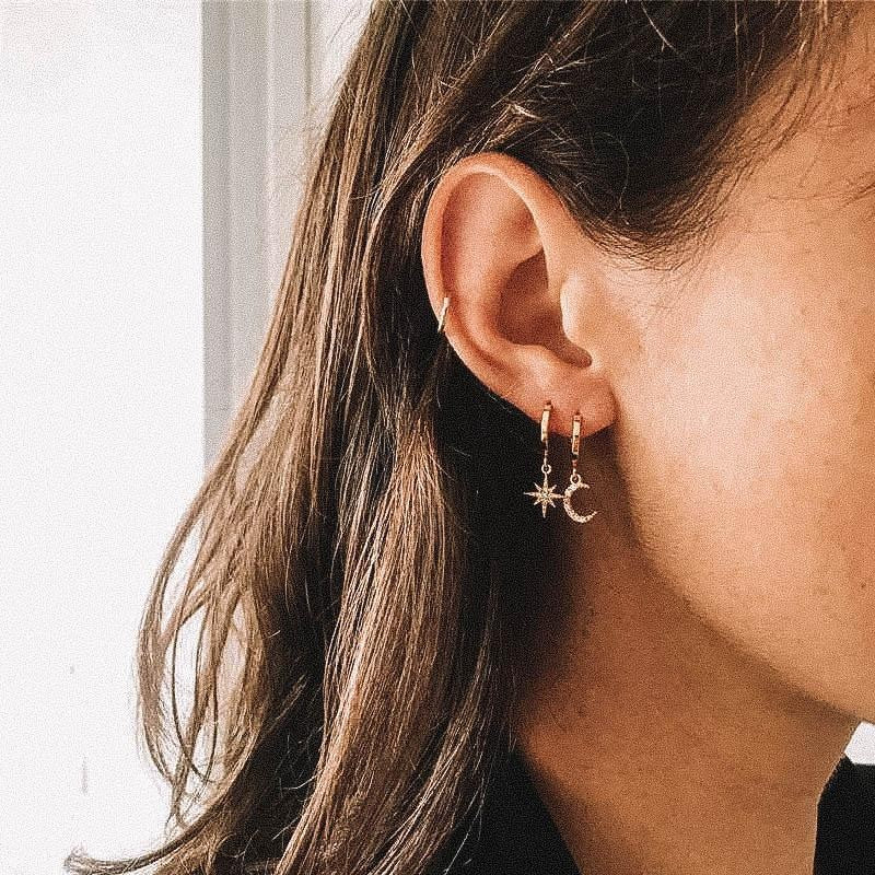Créoles Pendantes Lune Étoile Zircons Femme Acier Inoxydable