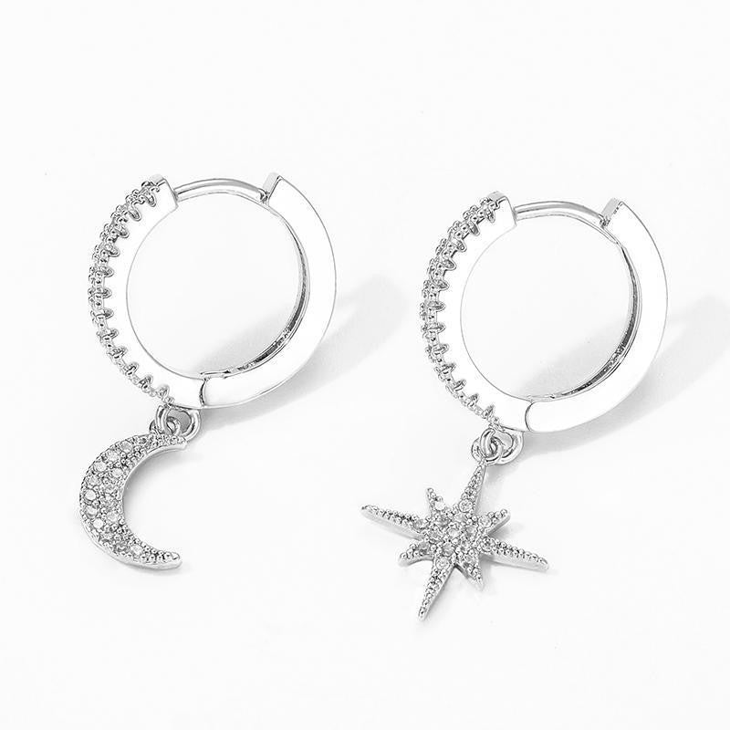 Créoles Pendantes Lune Étoile Zircons Femme Acier Inoxydable