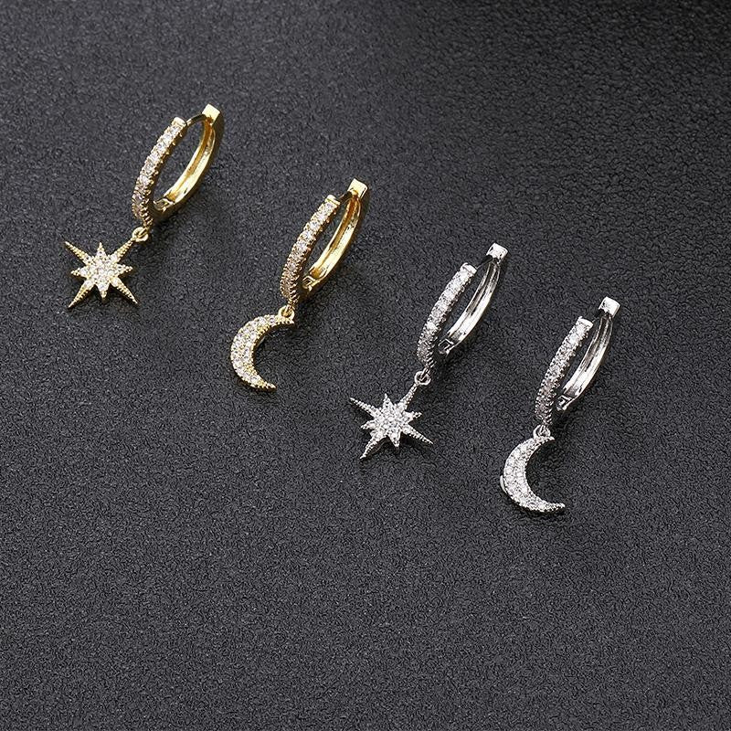 Créoles Pendantes Lune Étoile Zircons Femme Acier Inoxydable