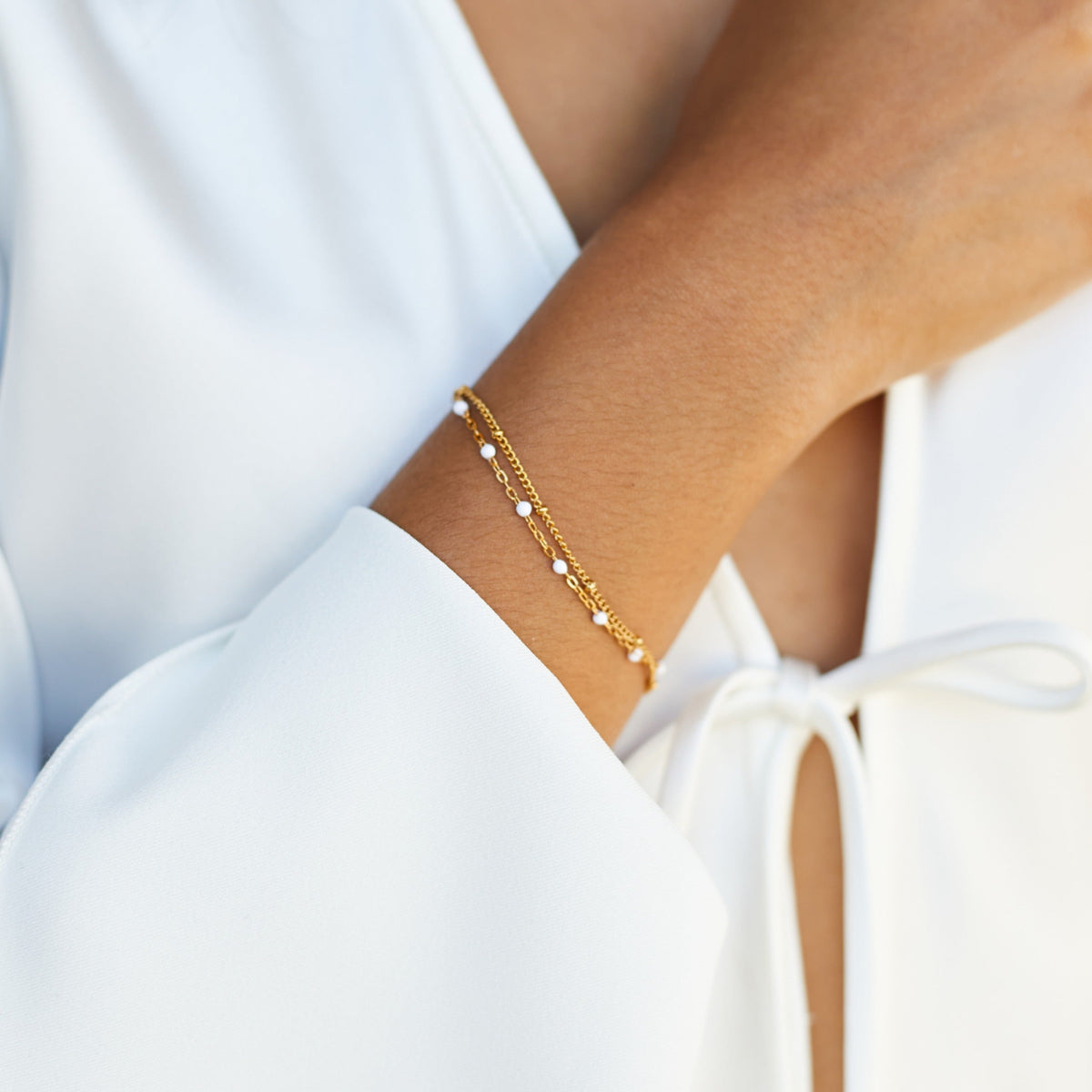 Bracelet Double Rang Perles Émail Blanc Femme Acier Inoxydable