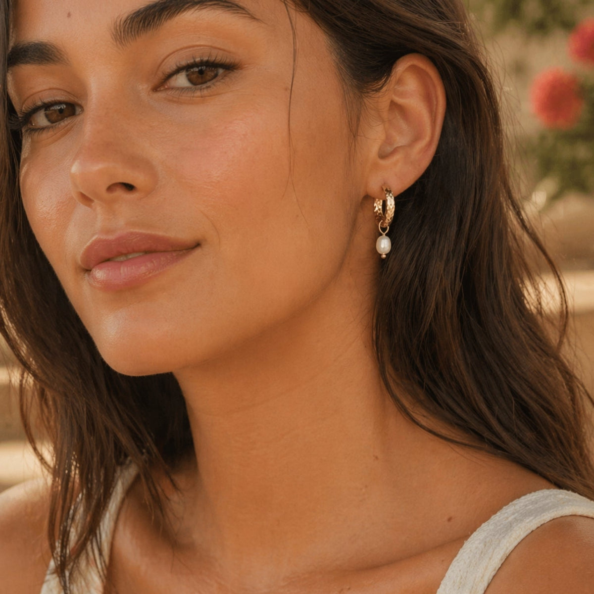 Créoles Martelées Perle Femme Acier Inoxydable